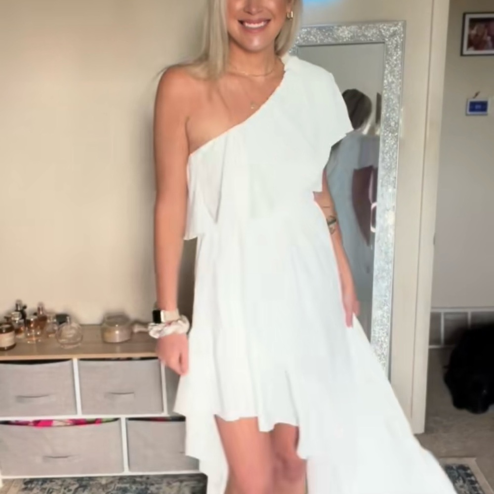 White Asymmetrical Ruffled One-Shoulder Sundress